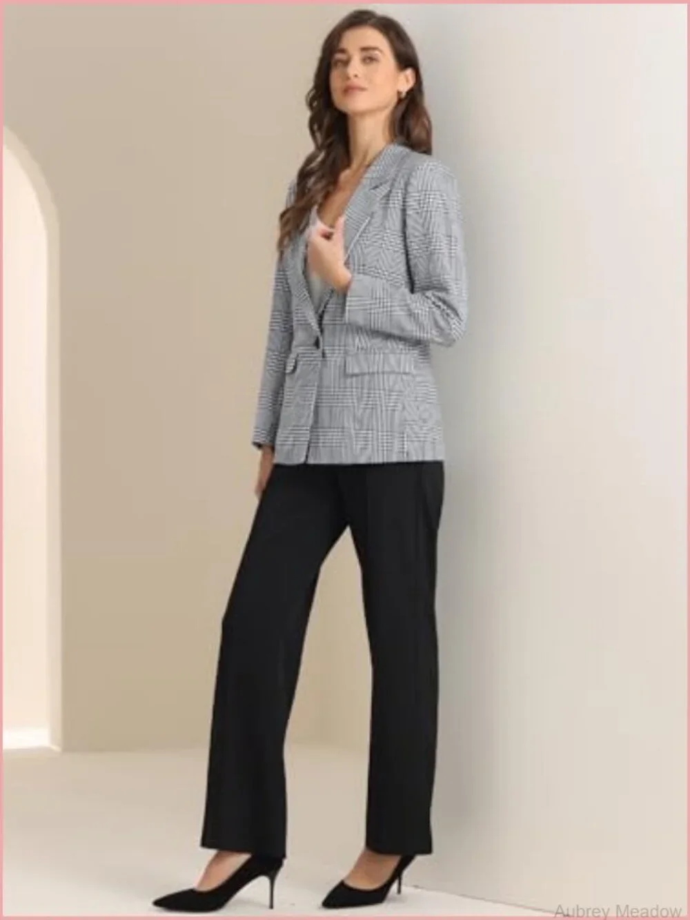 Plaid Houndstooth Blazer Long Sleeve One Button Work Blazer